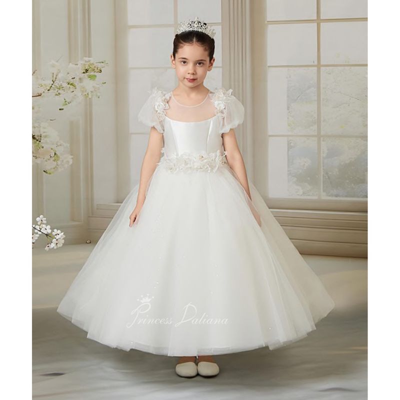 OFF WHITE DRESS MIKADO BODICE TULLE CAP SLEEVES & NECKLINE FLOWER SHOULDERS WITH BACK BOW / Z25191 OFF WHITE DRESS MIKADO BODICE TULLE CAP SLEEVES & NECKLINE FLOWER SHOULDERS WITH BACK BOW / Z25191