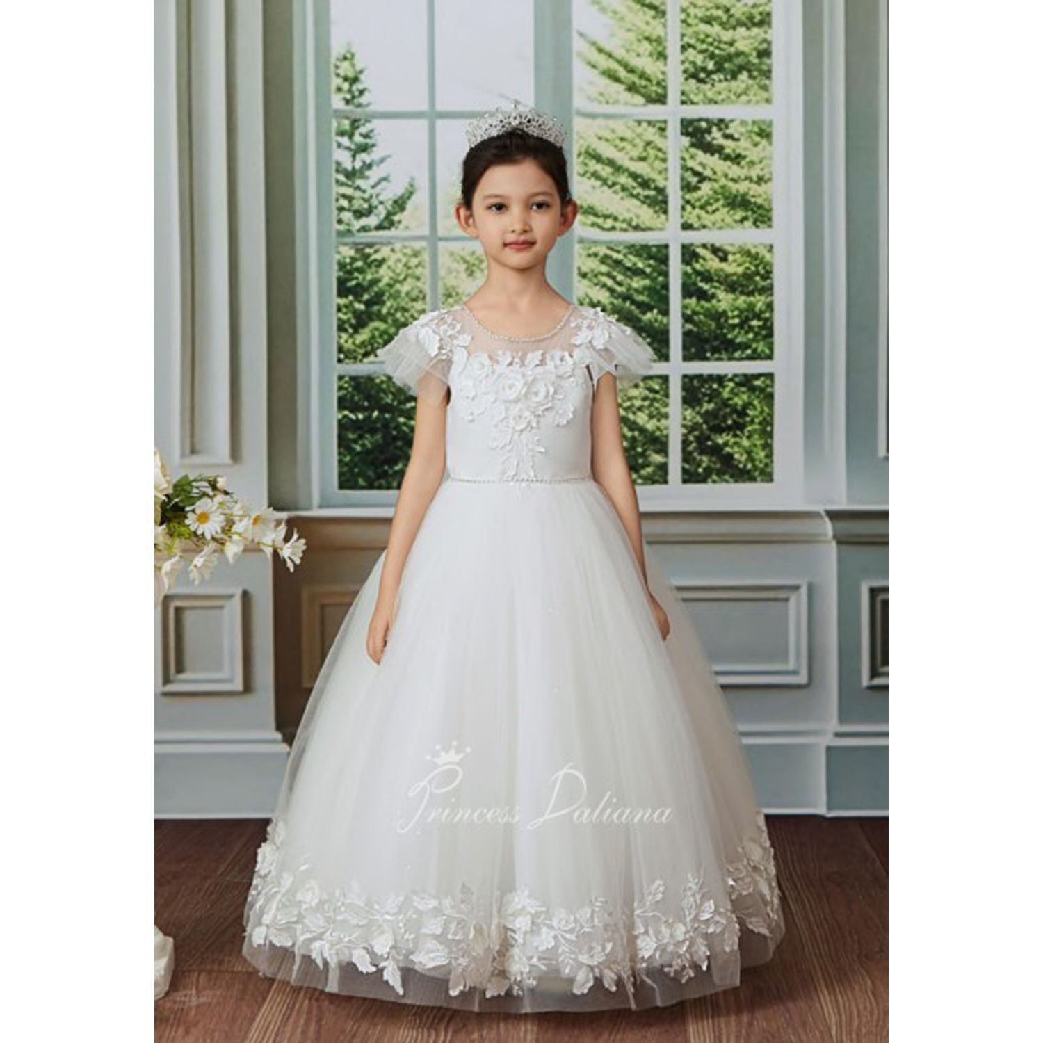 OFF WHITE DRESS RUFFLE SLEEVES BODICE WITH FLOWER DETAILS & RHINESTONE NECKLINE TULLE SKIRT WITH BOW / D25241