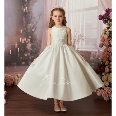 OFF WHITE MIKADO FULL DRESS SLEEVELESS FLOWER LACE BODICE WITH PEARL WAIST & BACK BOW / Z25024