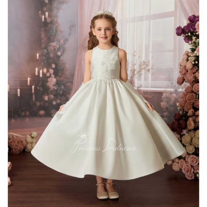 OFF WHITE MIKADO FULL DRESS SLEEVELESS FLOWER LACE BODICE WITH PEARL WAIST & BACK BOW / Z25024 OFF WHITE MIKADO FULL DRESS SLEEVELESS FLOWER LACE BODICE WITH PEARL WAIST & BACK BOW / Z25024