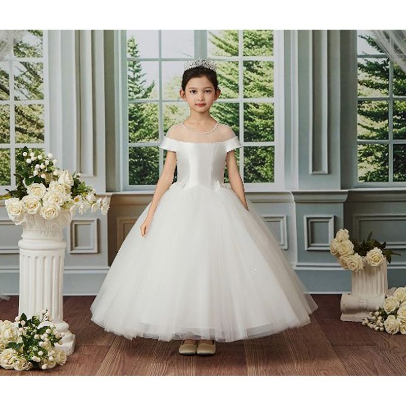 OFF WHITE DRESS MIKADO TOP PEARL NECKLACE WITH TULLE SKIRT / 25190 OFF WHITE DRESS MIKADO TOP PEARL NECKLACE WITH TULLE SKIRT / 25190