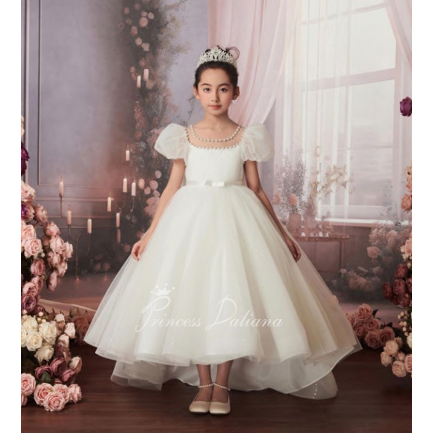 OFF WHITE TULLE DRESS CAP SLEEVES PEARL NECKLINE BACK BOW / D24471