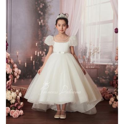 OFF WHITE TULLE DRESS CAP SLEEVES PEARL NECKLINE BACK BOW / D24471