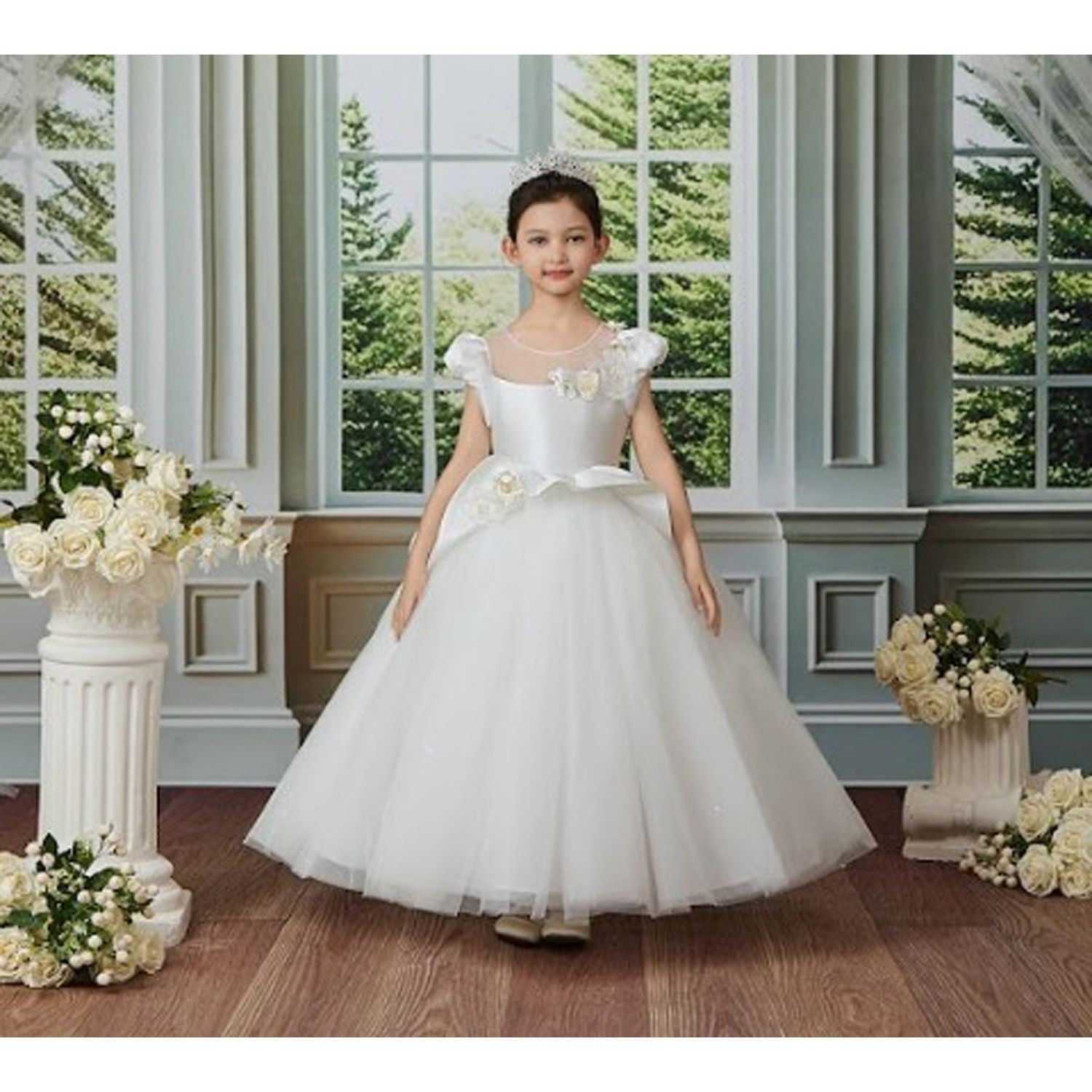 OFF WHITE DRESS MIKADO BODICE CAP SLEEVES GLITTER TULLE UNDERSKIRT MESH NECKLINE / D25233 OFF WHITE DRESS MIKADO BODICE CAP SLEEVES GLITTER TULLE UNDERSKIRT MESH NECKLINE / D25233