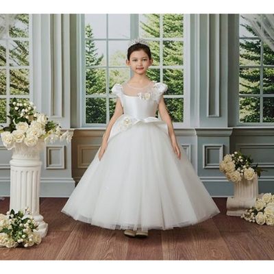 OFF WHITE DRESS MIKADO BODICE CAP SLEEVES GLITTER TULLE UNDERSKIRT MESH NECKLINE / D25233