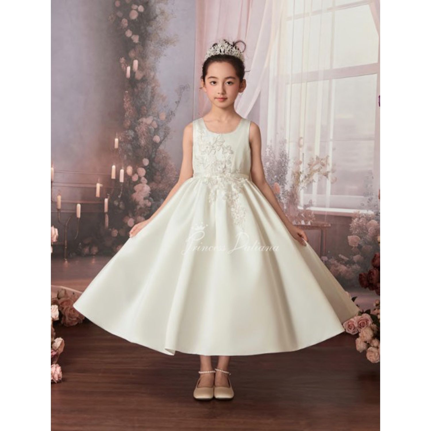 OFF WHITE MIKADO FULL DRESS WITH SLEEVELESS BODICE & FLOWER LACE SILVER DETAIL / Z25005