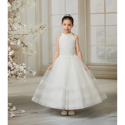OFF WHITE DRESS HALTER LACE TOP SPARKLY SKIRT FLOWERS ON WAIST / Z25217