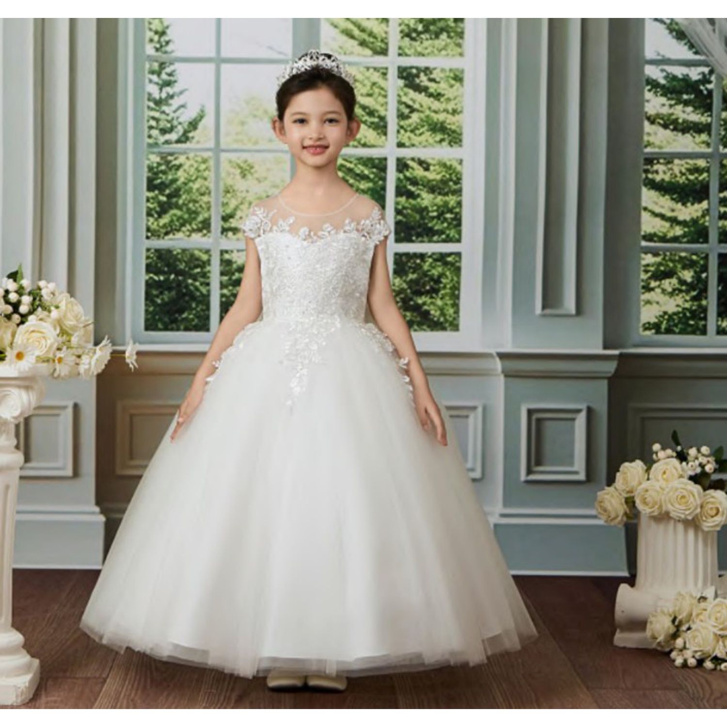OFF WHITE DRESS FLOWER LACE BODICE WITH BEADED NECKLINE TULLE SKIRT & BACK BOW / D25229