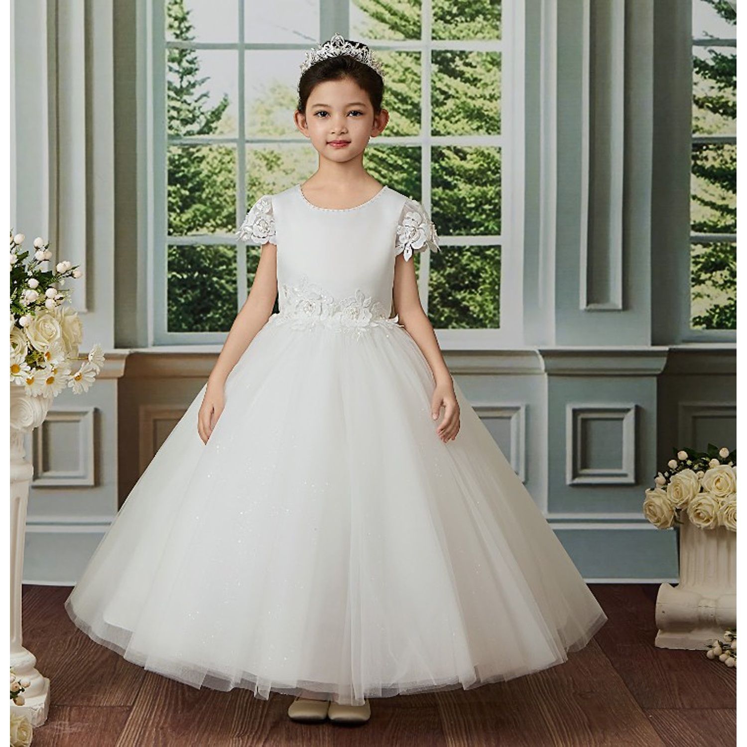 OFF WHITE DRESS SATIN BODICE LACE CAP SLEEVES WITH FLOWER WAIST TULLE SKIRT AND BACK BOW / D25140