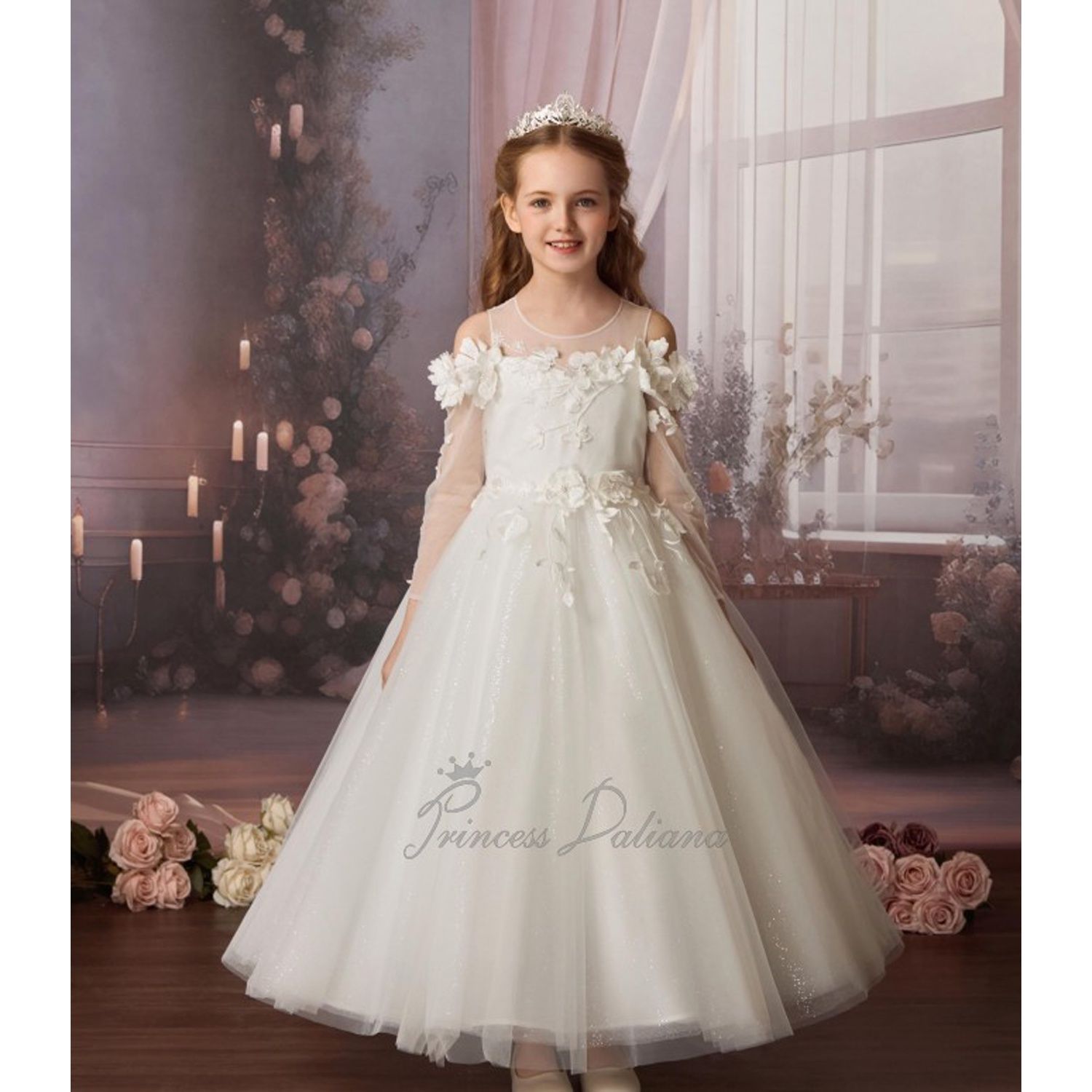 OFF WHITE DRESS LONG SLEEVE BODICE LACE FLOWER DETAILS & TULLE GLITTER UNDERSKIRT / D25056