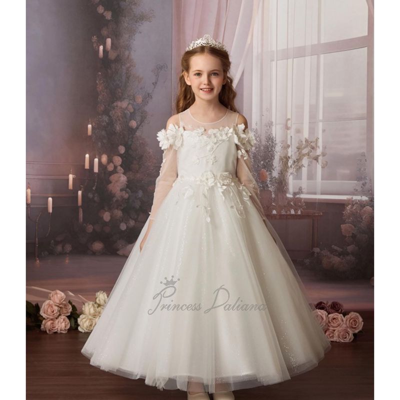 OFF WHITE DRESS LONG SLEEVE BODICE LACE FLOWER DETAILS & TULLE GLITTER UNDERSKIRT / D25056 OFF WHITE DRESS LONG SLEEVE BODICE LACE FLOWER DETAILS & TULLE GLITTER UNDERSKIRT / D25056