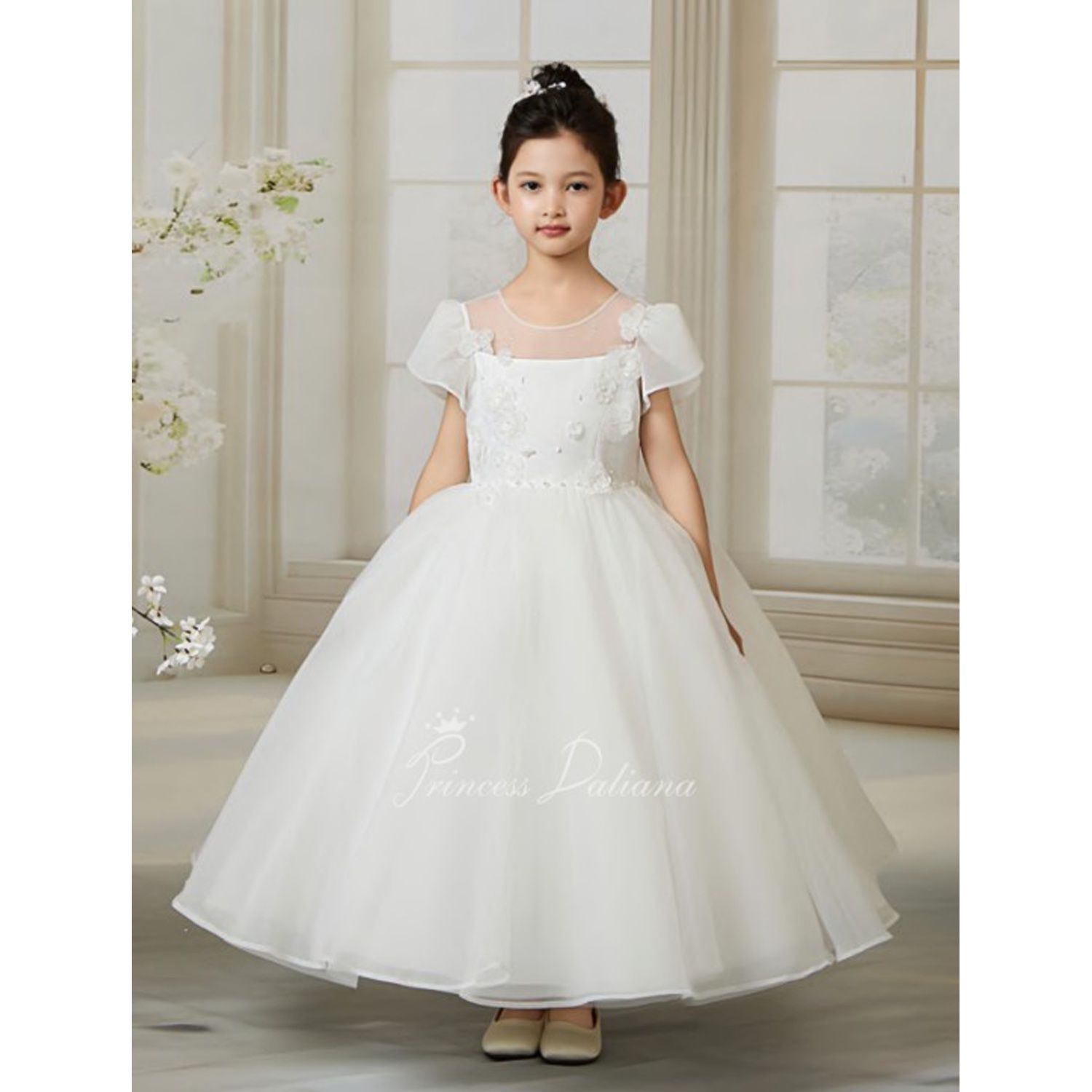 OFF WHITE DRESS CAP SLEEVE FLOWER BODICE WITH PEARL DETAIL & BACK BOW / D25214
