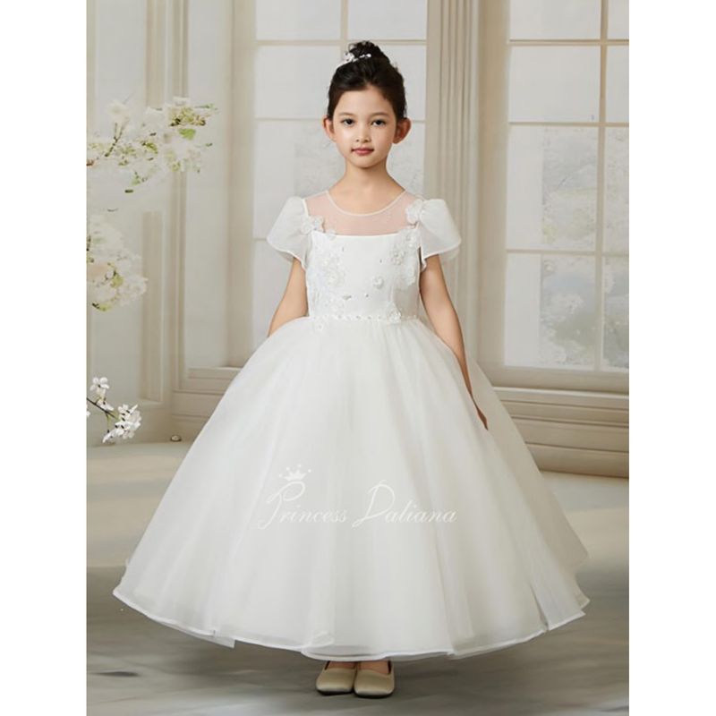 OFF WHITE DRESS CAP SLEEVE FLOWER BODICE WITH PEARL DETAIL & BACK BOW / D25214 OFF WHITE DRESS CAP SLEEVE FLOWER BODICE WITH PEARL DETAIL & BACK BOW / D25214