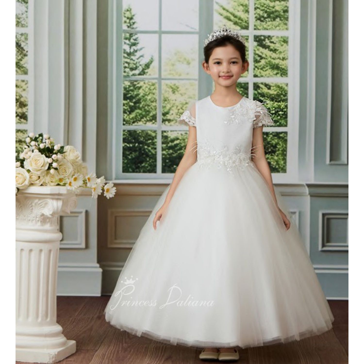 OFF WHITE DRESS CAP SLEEVE FEATHER BODICE WITH SILVER DOTS & BACK BOW / D25228 OFF WHITE DRESS CAP SLEEVE FEATHER BODICE WITH SILVER DOTS & BACK BOW / D25228