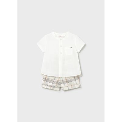 2PC CREAM & BEIGE SHORT SET PLAID SHORTS / 1270-028