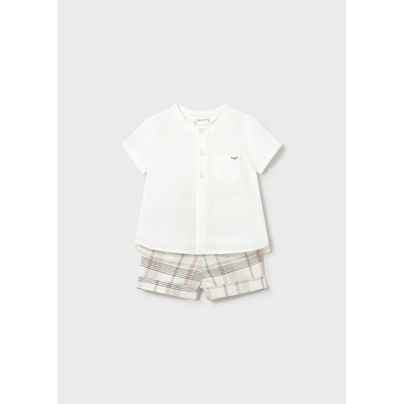 2PC CREAM & BEIGE SHORT SET PLAID SHORTS / 1270-028