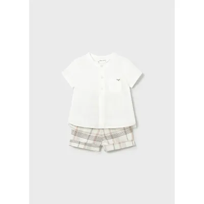 2PC CREAM & BEIGE SHORT SET PLAID SHORTS / 1270-028
