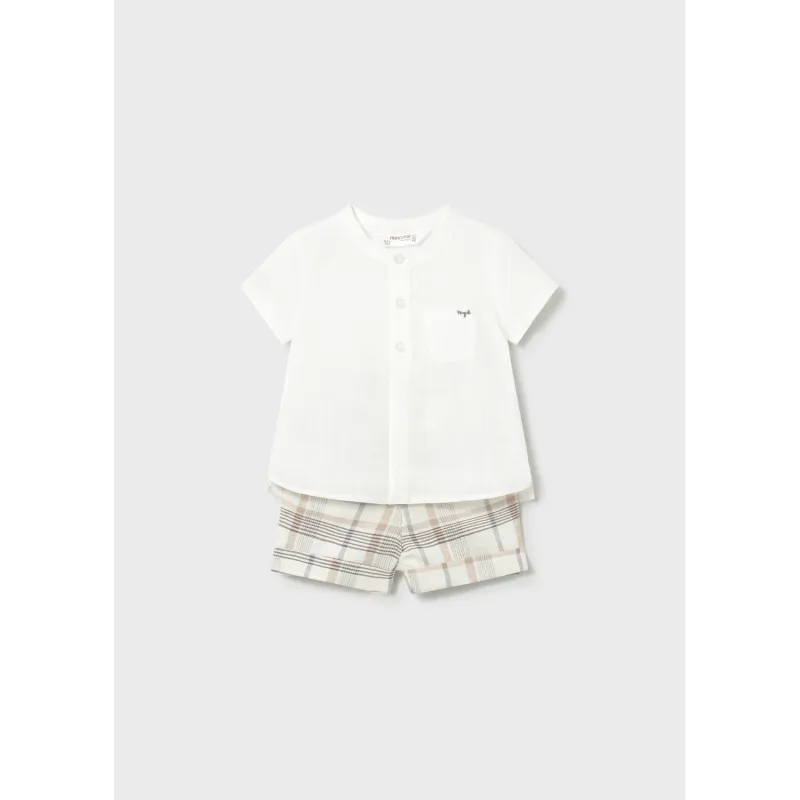 2PC CREAM & BEIGE SHORT SET PLAID SHORTS / 1270-028