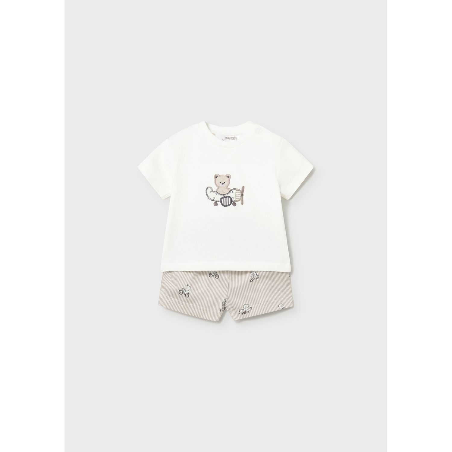 2PC WHITE & BEIGE STRIPE SHORT SET AIRPLANE EMBODIERED TSHIRT / 1275-036