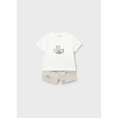 2PC WHITE & BEIGE STRIPE SHORT SET AIRPLANE EMBODIERED TSHIRT / 1275-036