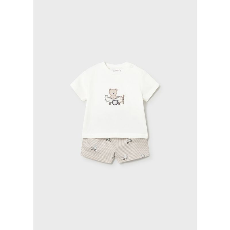 2PC WHITE & BEIGE STRIPE SHORT SET AIRPLANE EMBODIERED TSHIRT / 1275-036