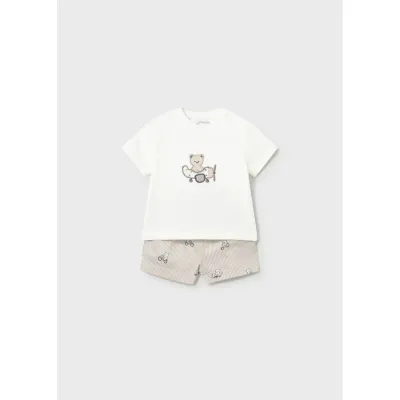 2PC WHITE & BEIGE STRIPE SHORT SET AIRPLANE EMBODIERED TSHIRT / 1275-036