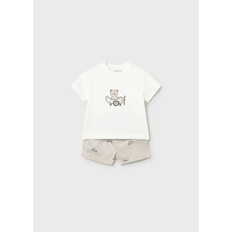 2PC WHITE & BEIGE STRIPE SHORT SET AIRPLANE EMBODIERED TSHIRT / 1275-036