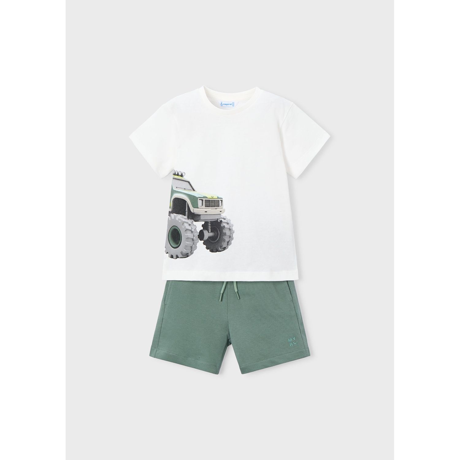 2PC CREAM & GREEN SHORT SET TRUCK PRINT / 3605-039