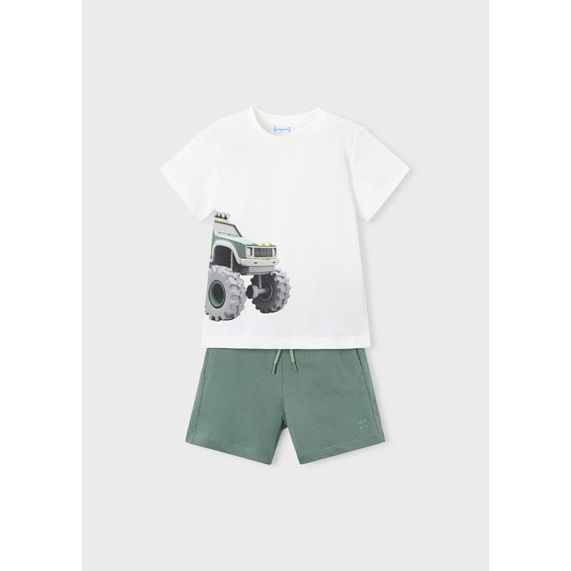 2PC CREAM & GREEN SHORT SET TRUCK PRINT / 3605-039