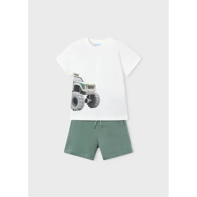 2PC CREAM & GREEN SHORT SET TRUCK PRINT / 3605-039