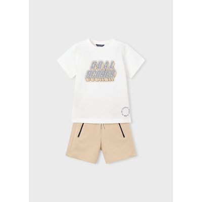 2PC CREAM & BEIGE SHORT SET GOAL SCORER PRINT / 3606-045