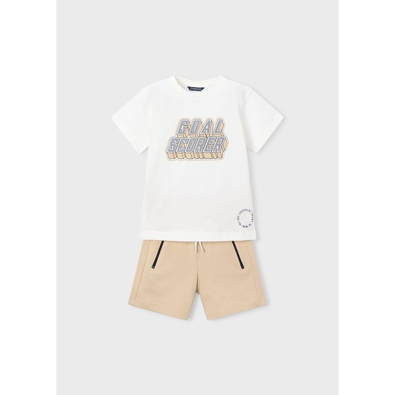 2PC CREAM & BEIGE SHORT SET GOAL SCORER PRINT / 3606-045