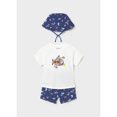 3PC WHITE & BLUE SHORT SET WITH BUCKET HAT SHARK PRINT KNIT / 1667-082