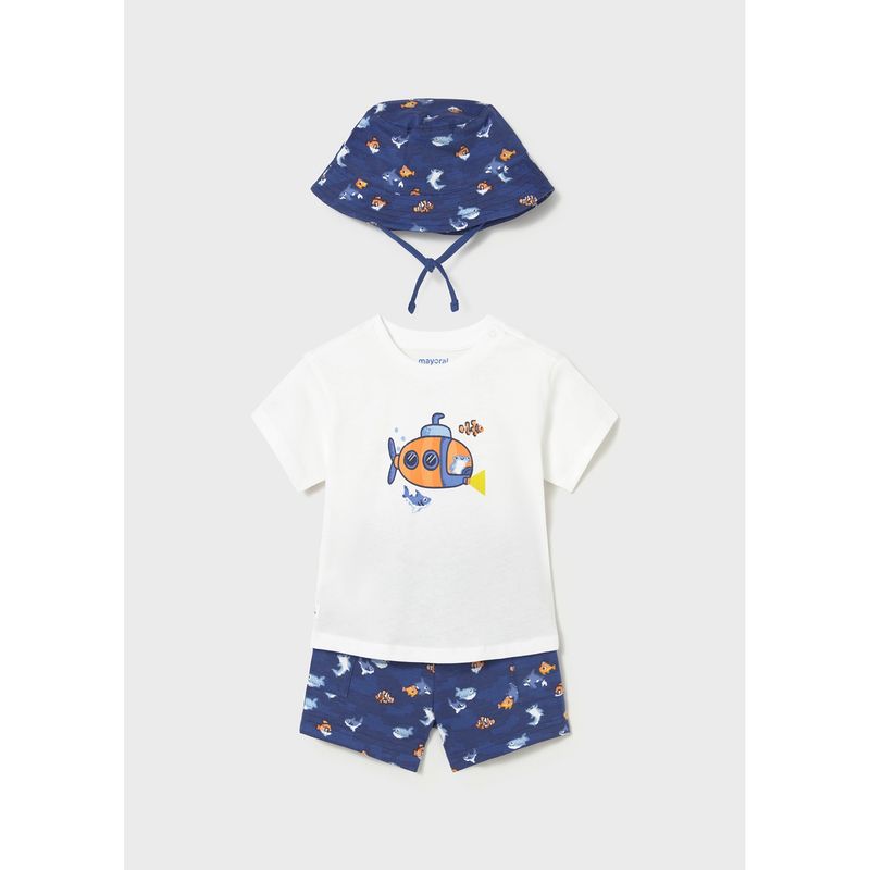 3PC WHITE & BLUE SHORT SET WITH BUCKET HAT SHARK PRINT KNIT / 1667-082