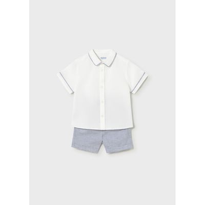 2PC WHITE & BLUE STRIPE SHORT SET -CHECK PATTERN / 1225-093
