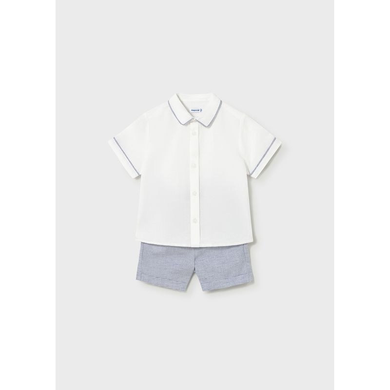 2PC WHITE & BLUE STRIPE SHORT SET -CHECK PATTERN / 1225-093