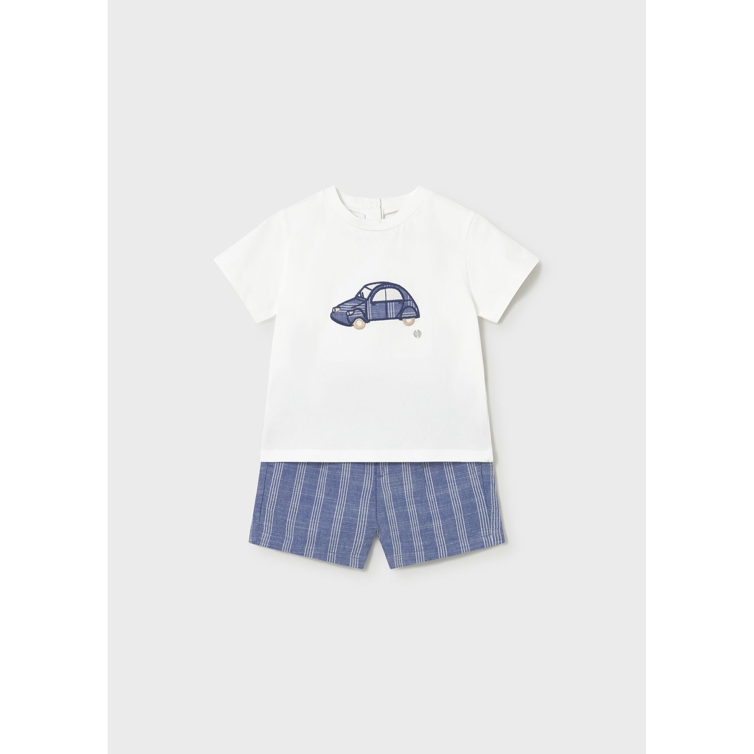 2PC WHITE & BLUE STRIPE SHORT SET KNIT CAR APPLIQUE / 1227-096