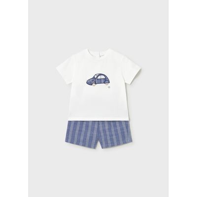 2PC WHITE & BLUE STRIPE SHORT SET KNIT CAR APPLIQUE / 1227-096