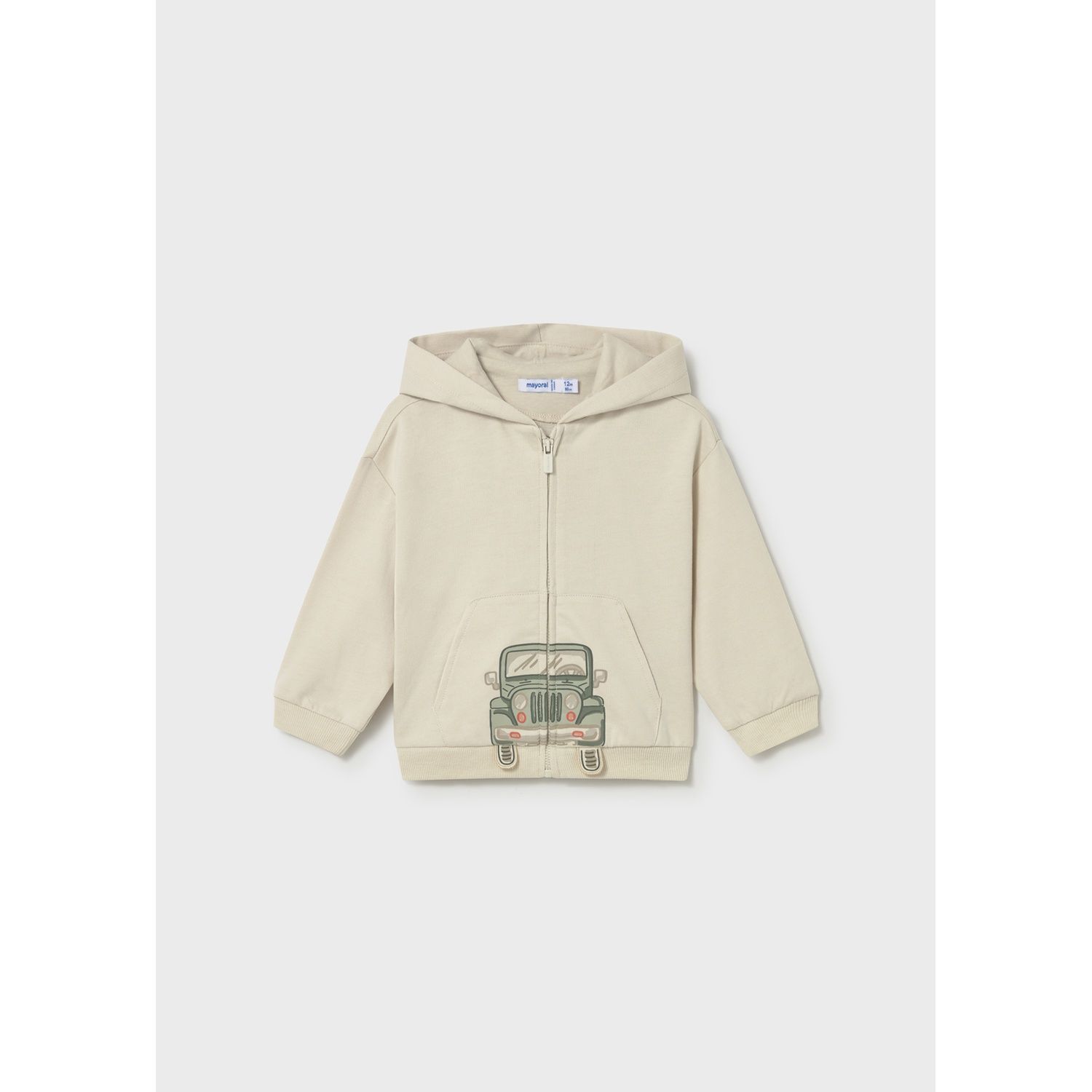 BEIGE HOODED TOP GREEN CAR PRINT ZIP CLOSURE / 1407-037