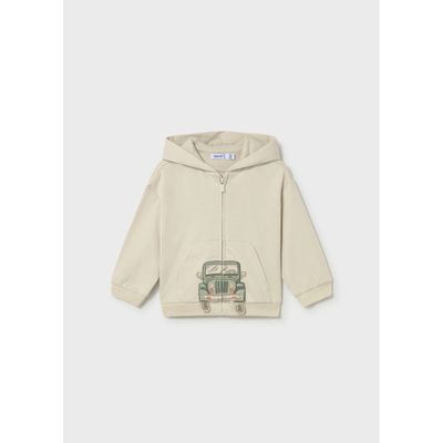 BEIGE HOODED TOP GREEN CAR PRINT ZIP CLOSURE / 1407-037