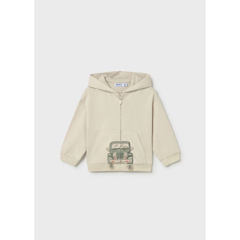 BEIGE HOODED TOP GREEN CAR PRINT ZIP CLOSURE / 1407-037