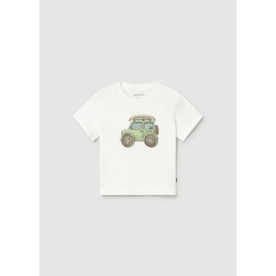 CREAM TSHIRT GRN CAR PRINT SHORT SLEEVE / 1011-087