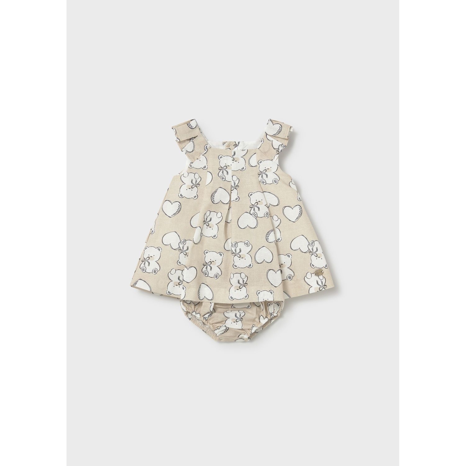 2PC BEIGE LINEN DRESS & BLOOMER TEDDY BEAR & HEART WHT PRINT / 1809-015