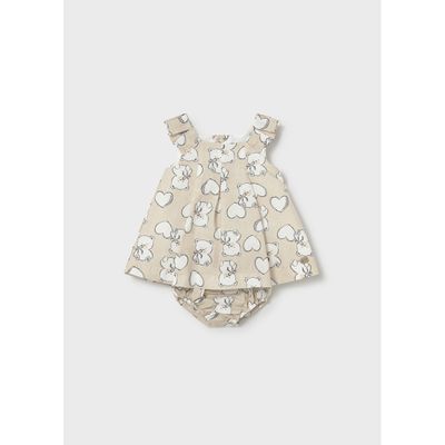 2PC BEIGE LINEN DRESS & BLOOMER TEDDY BEAR & HEART WHT PRINT / 1809-015
