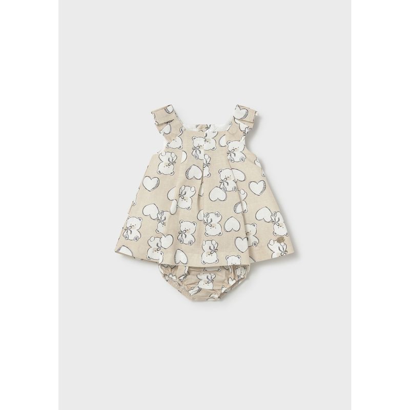 2PC BEIGE LINEN DRESS & BLOOMER TEDDY BEAR & HEART WHT PRINT / 1809-015