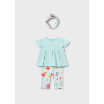 3 PC BLUE & FLORAL LEGGING SET WITH HEADBAND / 1735-057