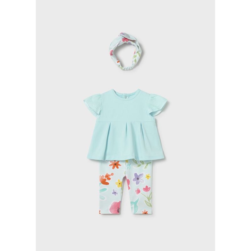 3 PC BLUE & FLORAL LEGGING SET WITH HEADBAND / 1735-057