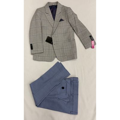 2PC GREY BLUE PLAID SUIT SLI M FIT 4WAY STRETCH CLOUD CLOTH / ST2763