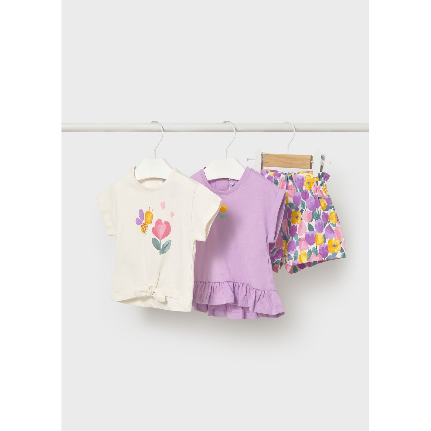 3PC LILAC & CREAM SHORT SET FLOWER PRINT / 1206-046