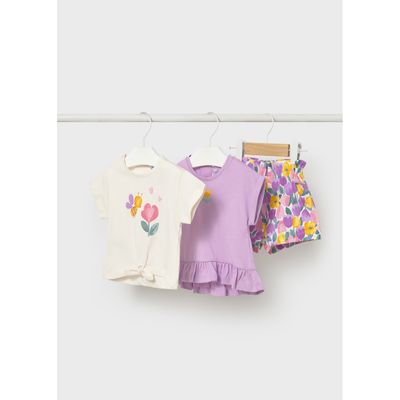 3PC LILAC & CREAM SHORT SET FLOWER PRINT / 1206-046